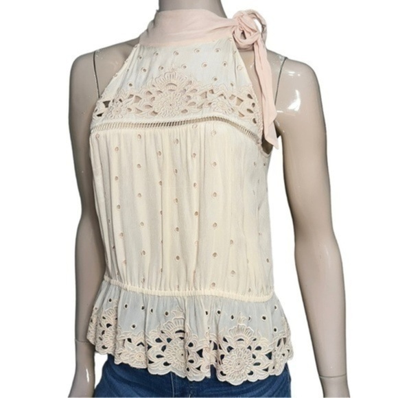 Anthropologie Love Sam S Pink Eyelet Ruffle Hem Halter Tie Neck Sleeveless Top - Picture 1 of 5